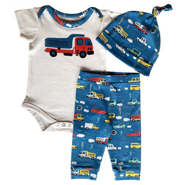 AnnLoren Baby Boys Layette Cars Trucks Onesie Pants Cap 3pc Gift Set